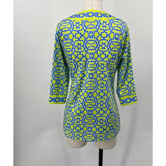 Gretchen Scott Designs Split Neck Top Geometric Printed Green Blue Womens Small - Picture 7 of 9